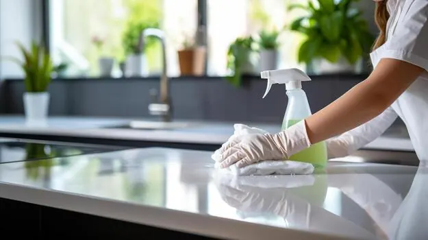 Gloved hand wiping a kitchen counter
